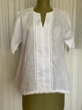 Dkny White Linen Split-Front Loose fit Tunic Freyed Edges Size Small